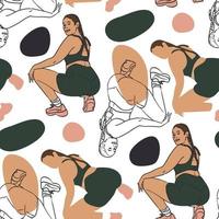 A pattern where a beautiful plump woman in a tracksuit does stretching. Contour, contour and color, the color of a large woman with spots on the background. Bodypositive female body. Printing on paper vector