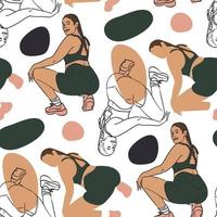 A pattern where a beautiful plump woman in a tracksuit does stretching. Contour, contour and color, the color of a large woman with spots on the background. Bodypositive female body. Printing on paper vector