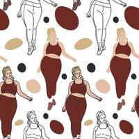 A pattern where a beautiful plump woman in a tracksuit does stretching. Contour, contour and color, the color of a large woman with spots on the background. Bodypositive female body. Printing on paper vector