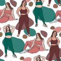 A pattern with a beautiful plump woman in different poses and tracksuits. Contour with color in different angles of a large woman with spots on the background. Bodypositive female body. Printing vector