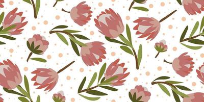 A pattern of spots of a king protea color sketch with dots on a white background. Exotic tropical hand-painted flowers, a symbol of South Africa. Background for printing, textiles, postcards vector