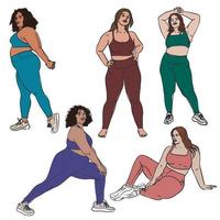 A set of colored full female figure in a tracksuit with a bright dark outline. Bodypositive female body. Vector illustration. Color and contour illustration. Printing flyers, banners, sports goods