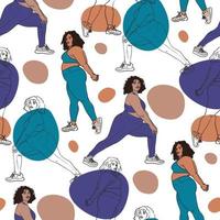 A pattern where a beautiful plump woman in a tracksuit does stretching. Contour, contour and color, the color of a large woman with spots on the background. Bodypositive female body. Printing on paper vector