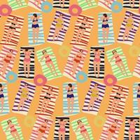 Vector pattern with girls on striped bedspreads sunbathing on the beach. A linear contour with a color in the form of a sketch. A sketch of people lying on the beach. Printing on textiles and paper