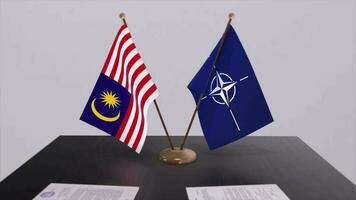 Malaysia country national flag and NATO flag. Politics and diplomacy illustration video