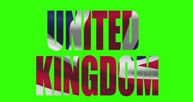 UK United Kingdom country lettering word text with flag waving animation on green screen 4K. Chroma key background video