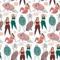 A pattern where a beautiful plump woman in a tracksuit does stretching. Contour, contour and color, the color of a large woman with spots on the background. Bodypositive female body. Printing on paper vector