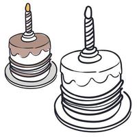 Coloring book with a cute cartoon cake with an example for coloring. Monochrome and color versions. Vector illustration. A simple cake with a bright outline. Cute coloring book for kids.