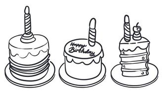 conjunto vectorial en blanco y negro con pasteles de cumpleaños, velas y pastelitos. linda comida de contorno o elementos de barra de caramelo. divertida ilustración de postre para tarjeta, afiche, diseño de impresión. iconos de línea de vacaciones. vector