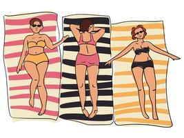 un conjunto de muchachas broncearse en a rayas toallas en el estilo de bocetos con color. color ilustraciones de muchachas en el playa. un pequeño bosquejo para el antecedentes. playa onda, relajarse vector