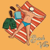 Beach vibe, pot-bellied man sunbathing in the sun. Vector design of a summer poster in a simple style. Contour illustration with color in the form of a sketch of a mature man sunbathing on the sand