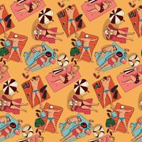 Vector pattern with people sunbathing on the beach in a fashionable flat style. A linear contour with a color in the form of a sketch. A sketch of people lying on the beach. Printing on textiles