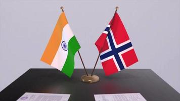 Norway and India national flags. Partnership deal animation, politics and business agreement cooperation video