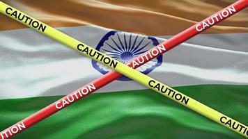 India national flag with caution tape animation. Social issue in country, news illustration video