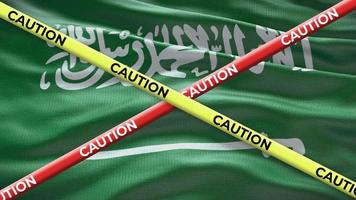 Saudi Arabia national flag with caution tape animation. Social issue in country, news illustration video