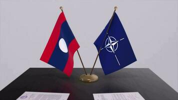 Laos country national flag and NATO flag. Politics and diplomacy illustration video