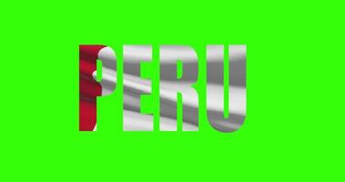 Peru país letras palavra texto com bandeira acenando animação em verde tela 4k. croma chave fundo video