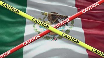 Mexico national flag with caution tape animation. Social issue in country, news illustration video