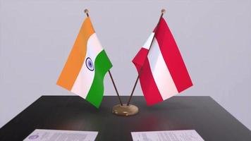 Austria and India national flags. Partnership deal animation, politics and business agreement cooperation video