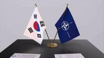 South Korea country national flag and NATO flag. Politics and diplomacy illustration video