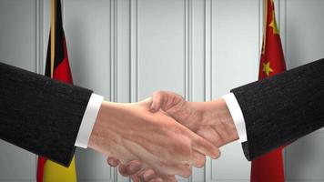 Germany and China Officials Business Meeting. Diplomacy Deal Animation. Partners Handshake 4K video