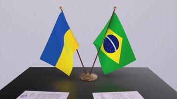 Ukraine and Brazil flags on politics meeting animation video