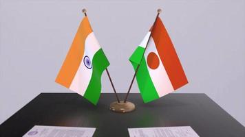 Niger and India national flags. Partnership deal animation, politics and business agreement cooperation video