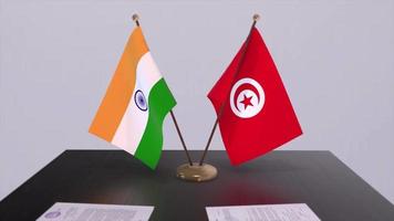 Tunisia and India national flags. Partnership deal animation, politics and business agreement cooperation video