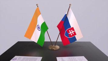 Slovakia and India national flags. Partnership deal animation, politics and business agreement cooperation video