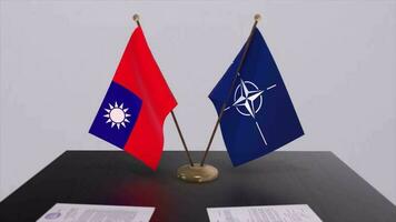 Taiwan country national flag and NATO flag. Politics and diplomacy illustration video