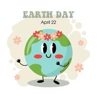 Dancing cartoon earth character with flowers on a beige background. Happy Earth day greeting card in retro groovy style. Hand drawn doodle vector illustration.