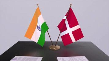 Denmark and India national flags. Partnership deal animation, politics and business agreement cooperation video