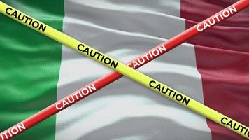 Italy national flag with caution tape animation. Social issue in country, news illustration video