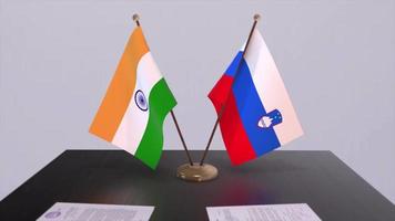 Slovenia and India national flags. Partnership deal animation, politics and business agreement cooperation video