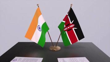 Kenya and India national flags. Partnership deal animation, politics and business agreement cooperation video