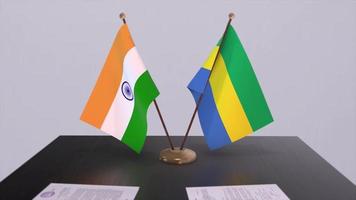 Gabon and India national flags. Partnership deal animation, politics and business agreement cooperation video