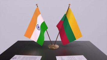 Lithuania and India national flags. Partnership deal animation, politics and business agreement cooperation video