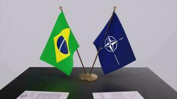 Brazil country national flag and NATO flag. Politics and diplomacy illustration video