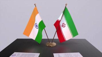 Iran and India national flags. Partnership deal animation, politics and business agreement cooperation video