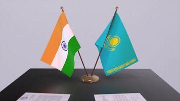 Kazakhstan and India national flags. Partnership deal animation, politics and business agreement cooperation video