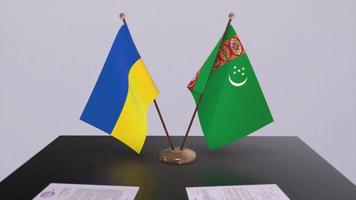 Ukraine and Turkmenistan flags on politics meeting animation video