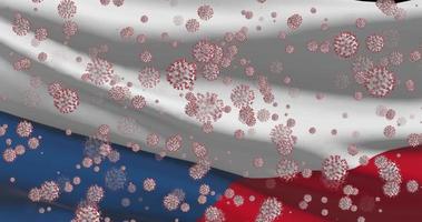 Czech national flag closeup waving animation background with virus molecules, epidemic pandemia video