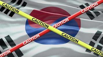 South Korea national flag with caution tape animation. Social issue in country, news illustration video