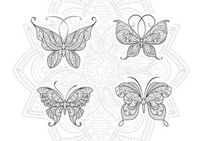 Collection of monochrome ethnic mandala design in the shape of butterflies. Anti-stress coloring page for adults vector