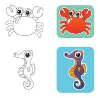 Vector illustration of cute little crab and seahorse for coloring book, coloring pages, sticker, etc