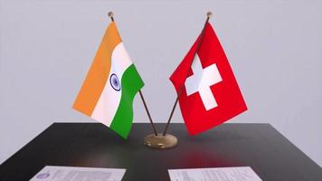 Switzerland and India national flags. Partnership deal animation, politics and business agreement cooperation video