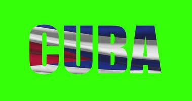 Cuba país letras palavra texto com bandeira acenando animação em verde tela 4k. croma chave fundo video