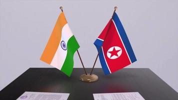 North Korea and India national flags. Partnership deal animation, politics and business agreement cooperation video