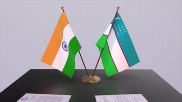 Oezbekistan en Indië nationaal vlaggen. vennootschap transactie animatie, politiek en bedrijf overeenkomst samenwerking video