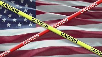 USA national flag with caution tape animation. Social issue in country, news illustration video